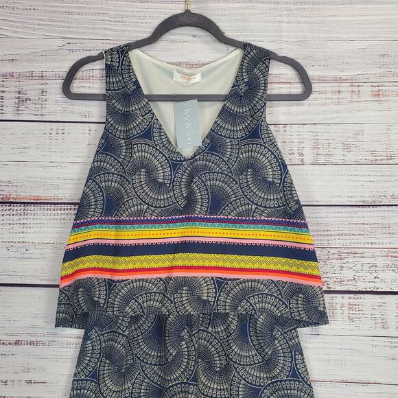 Renee C Layer Tiered Sleeveless Dress S Boho Geometric Rainbow Stripe Print NWT - Picture 9 of 14